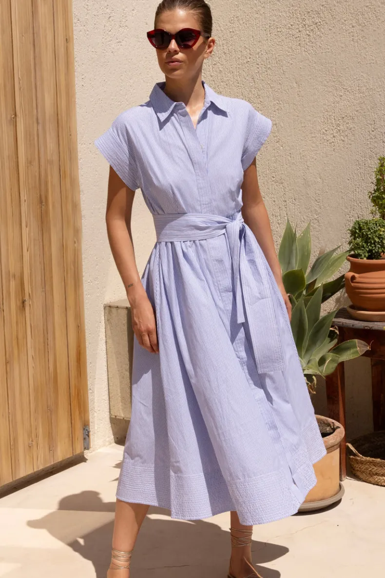 Belted Shirt Dress- Chatham Blue