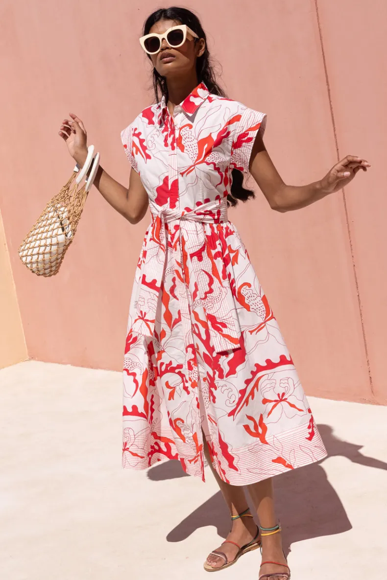 Belted Shirt Dress- Orchid Red
