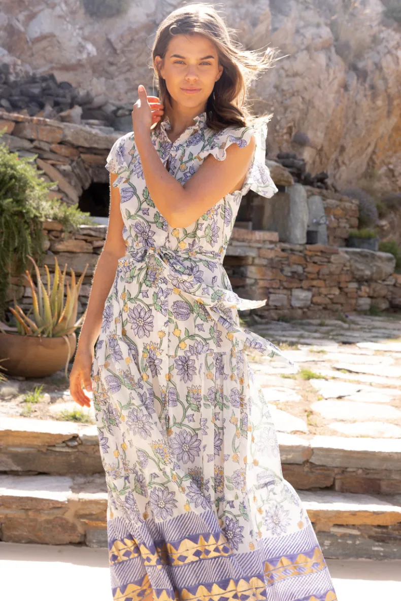 Ruffle Collar Button Maxi- Presidio Blue