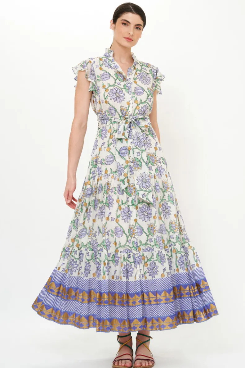 Ruffle Collar Button Maxi- Presidio Blue
