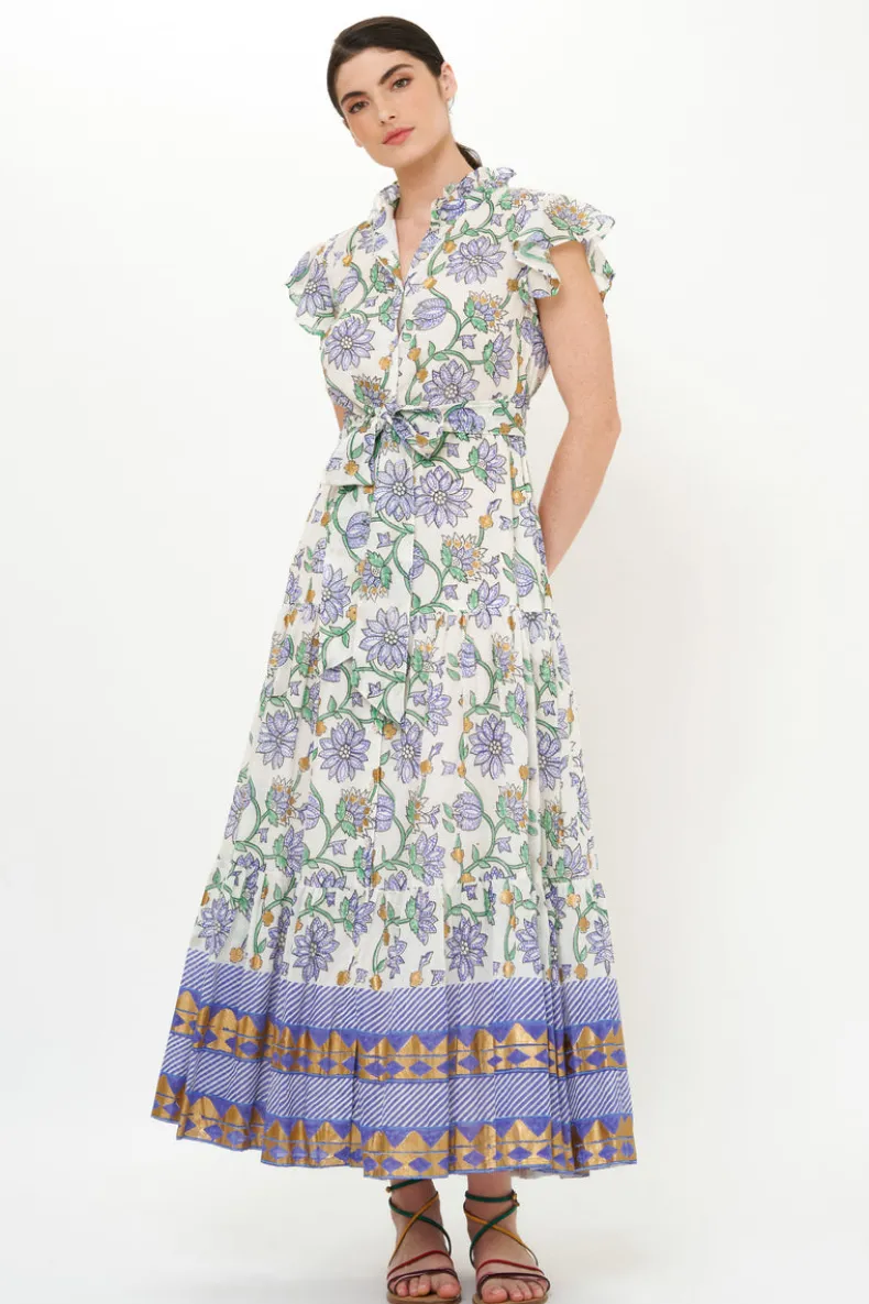 Ruffle Collar Button Maxi- Presidio Blue