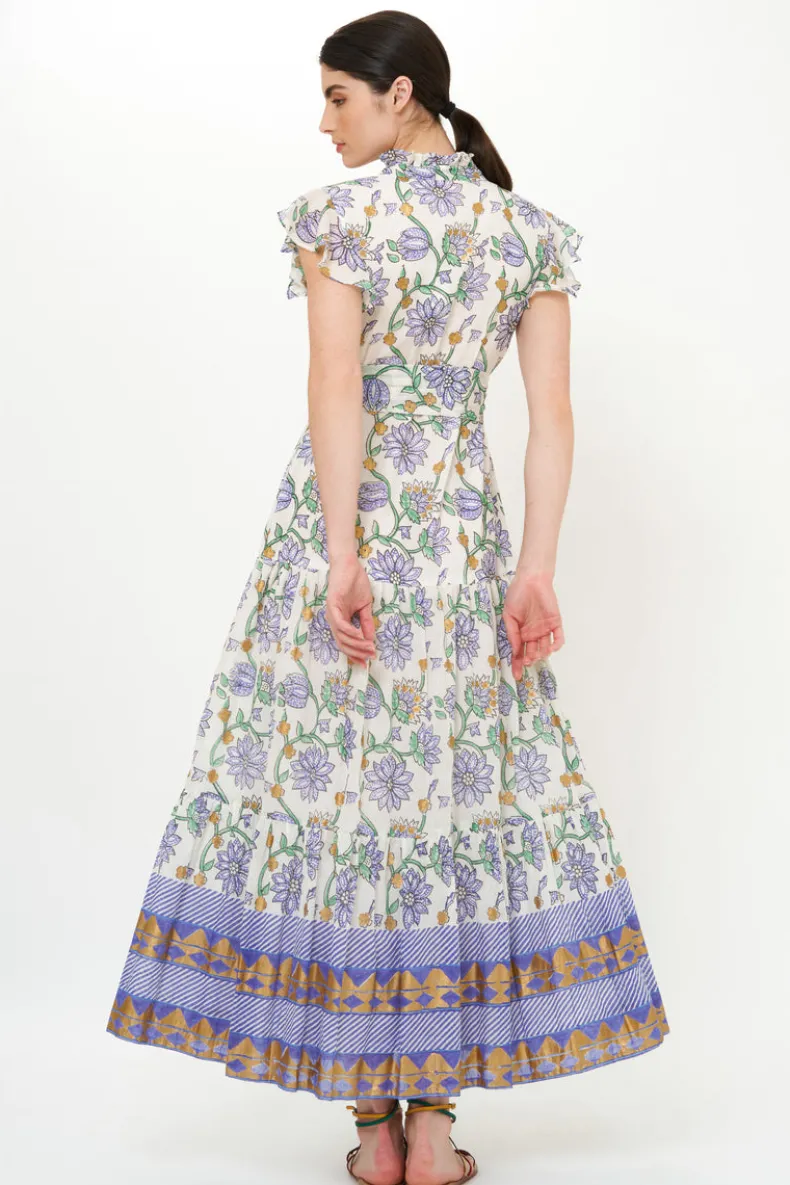 Ruffle Collar Button Maxi- Presidio Blue