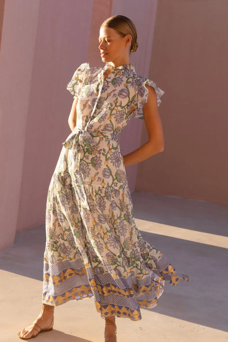 Ruffle Collar Button Maxi- Presidio Blue