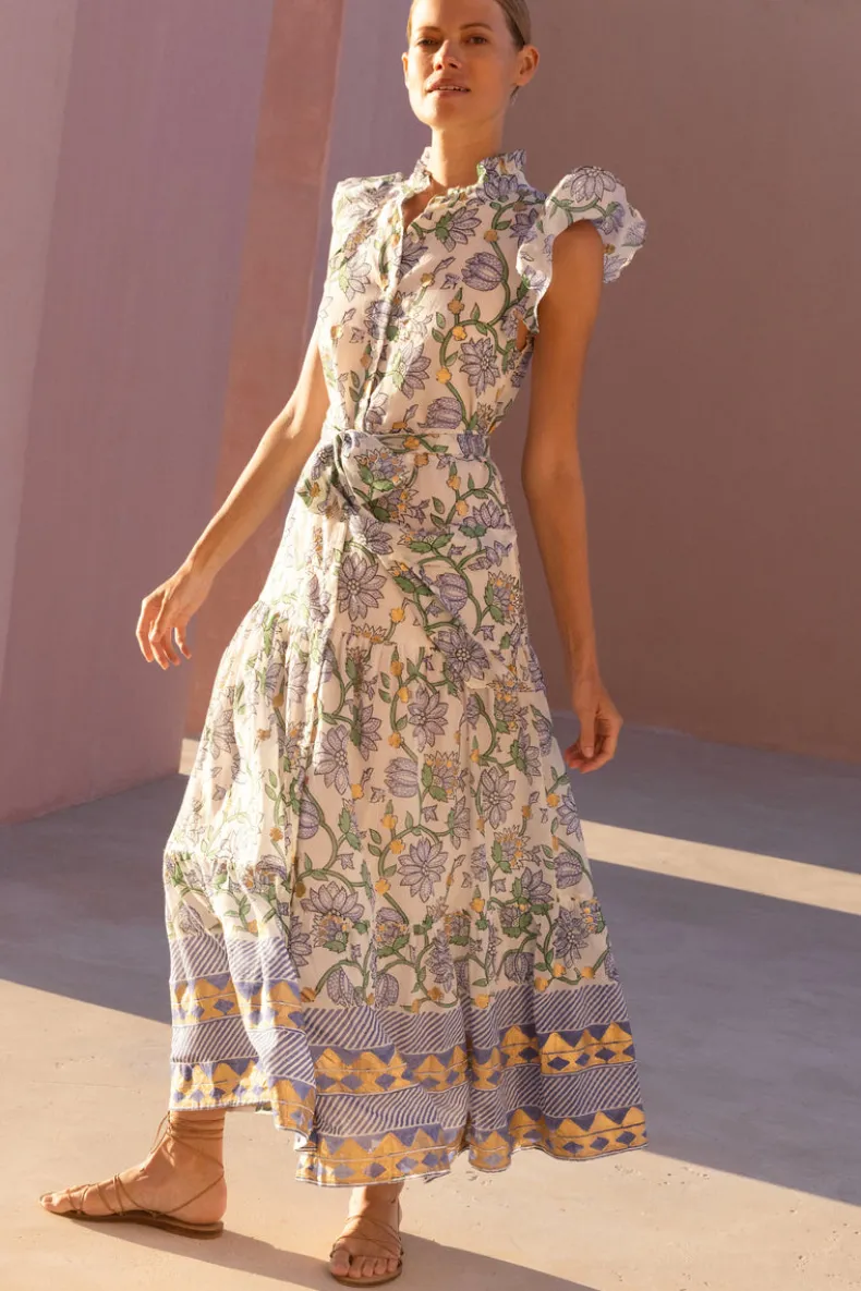 Ruffle Collar Button Maxi- Presidio Blue