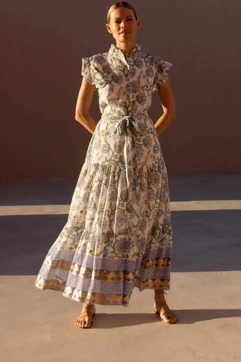 Ruffle Collar Button Maxi- Presidio Blue