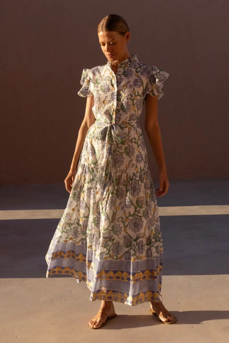 Ruffle Collar Button Maxi- Presidio Blue