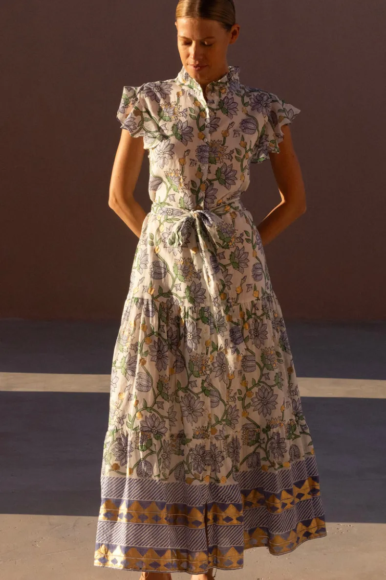 Ruffle Collar Button Maxi- Presidio Blue