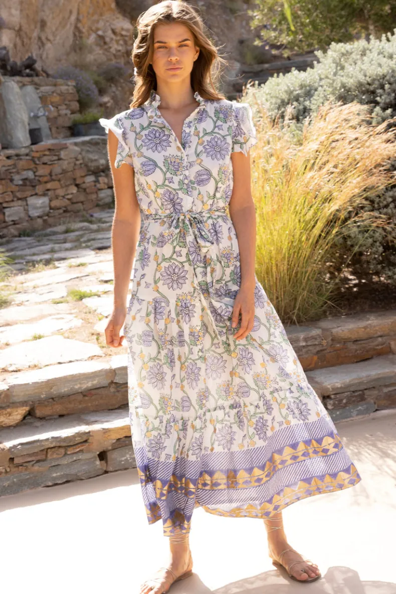 Ruffle Collar Button Maxi- Presidio Blue