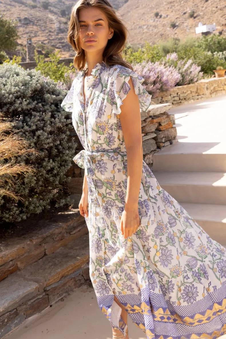 Ruffle Collar Button Maxi- Presidio Blue