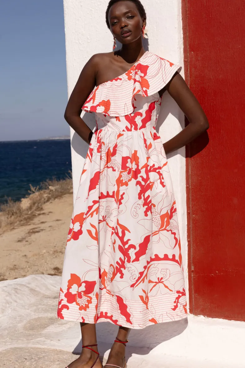 One Shoulder Ruffle Maxi- Orchid Red