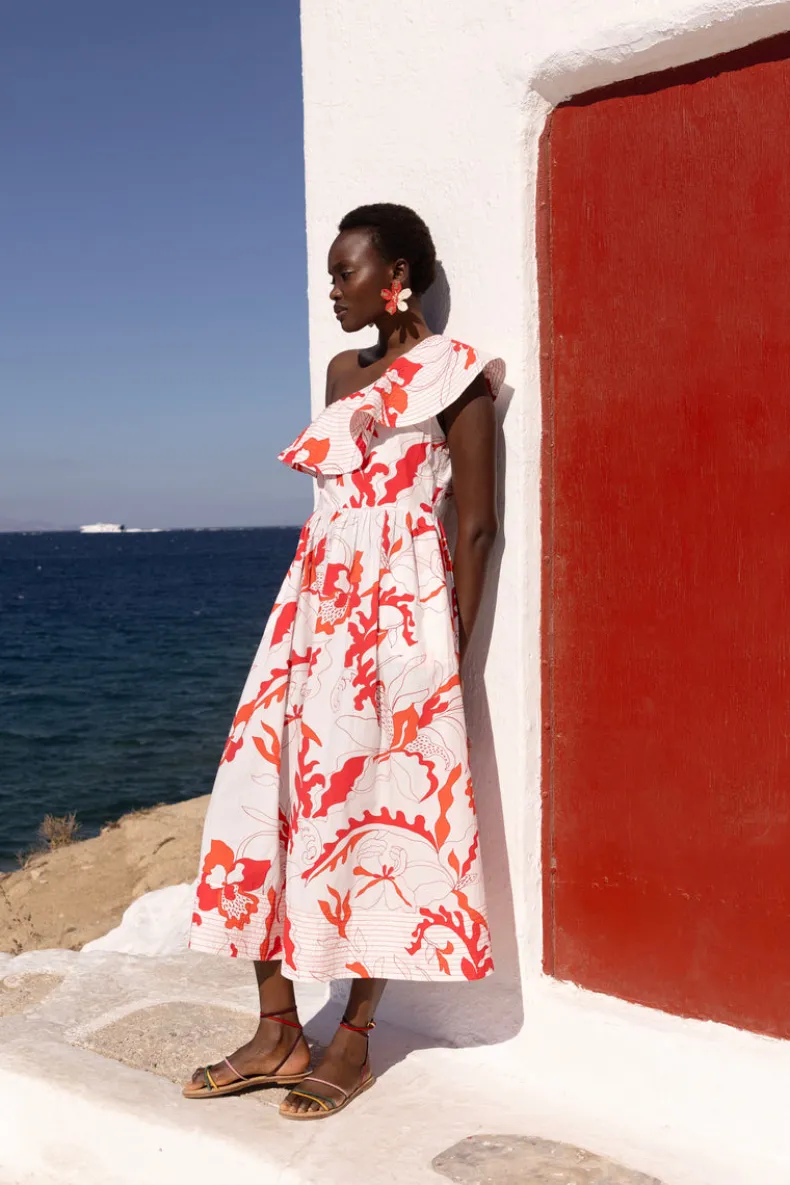 One Shoulder Ruffle Maxi- Orchid Red