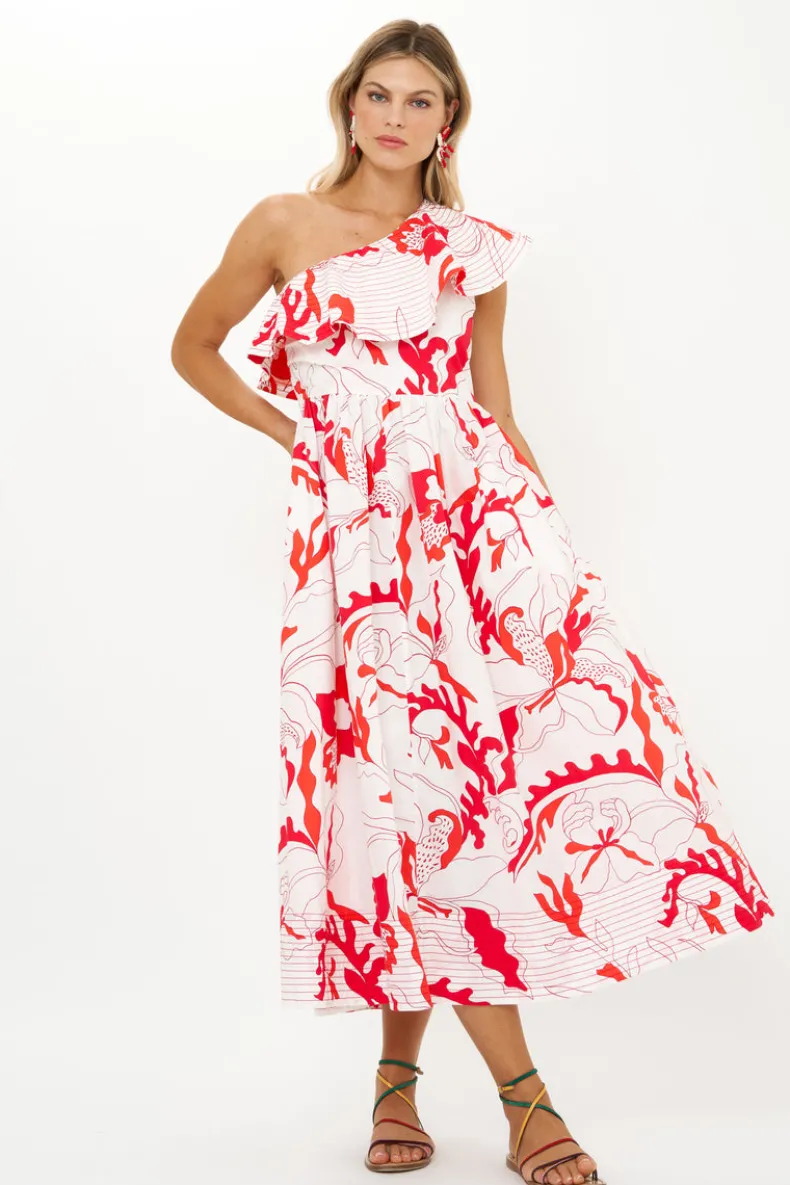 One Shoulder Ruffle Maxi- Orchid Red