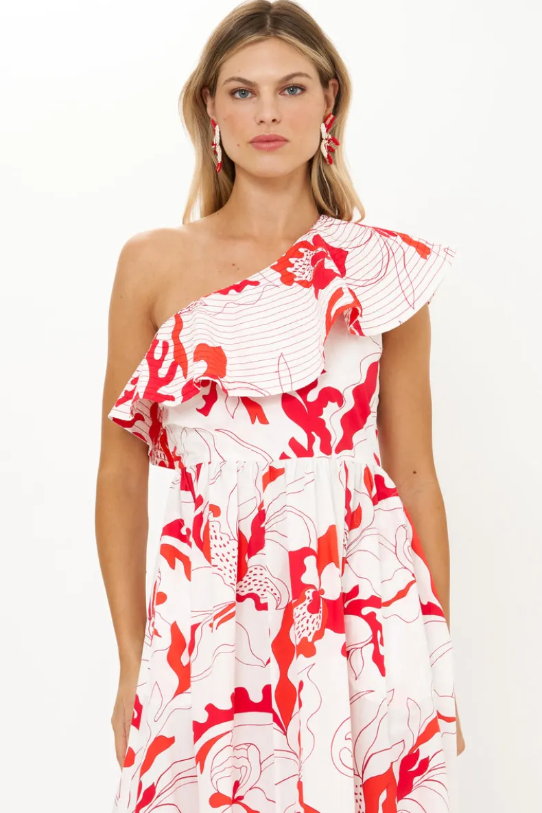 One Shoulder Ruffle Maxi- Orchid Red