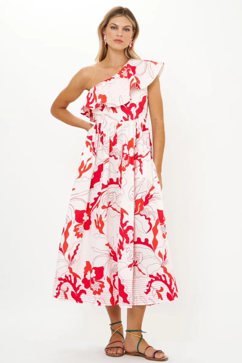 One Shoulder Ruffle Maxi- Orchid Red