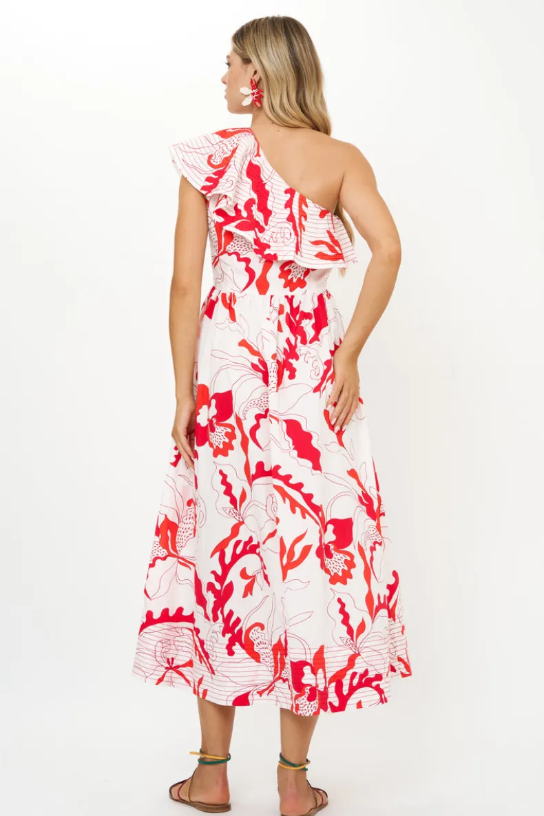 One Shoulder Ruffle Maxi- Orchid Red