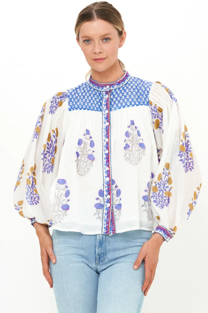 Mandarin Pintuck Blouse- Napa Blue