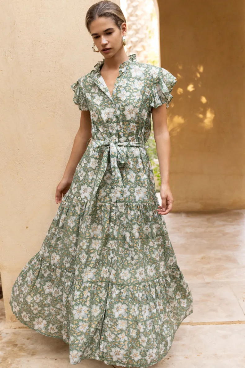 Ruffle Collar Button Maxi- Ivy Olive