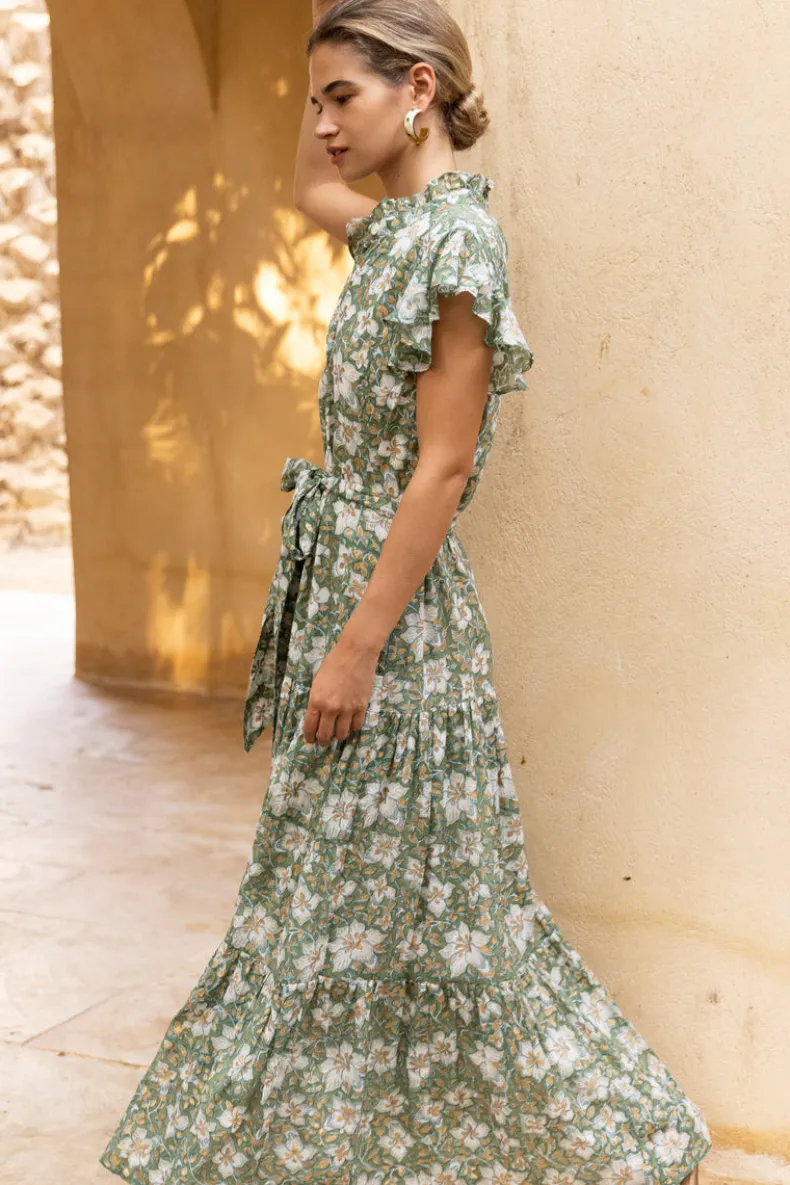 Ruffle Collar Button Maxi- Ivy Olive
