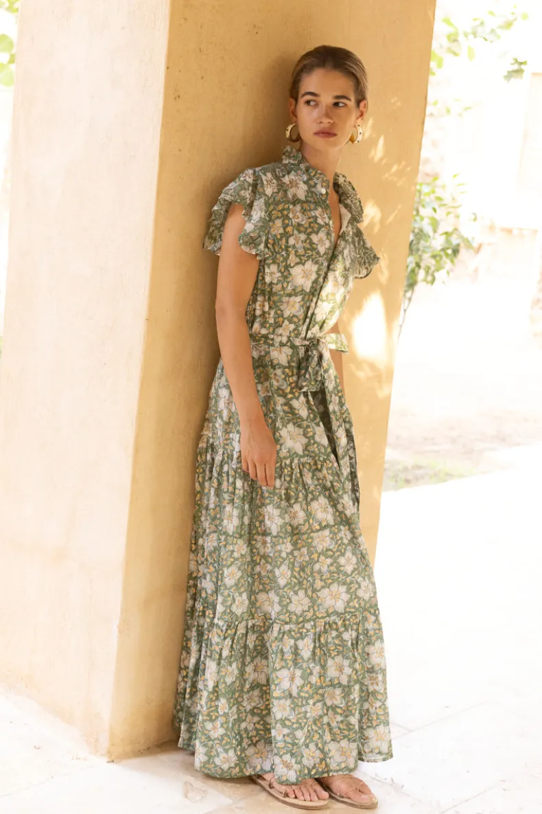 Ruffle Collar Button Maxi- Ivy Olive