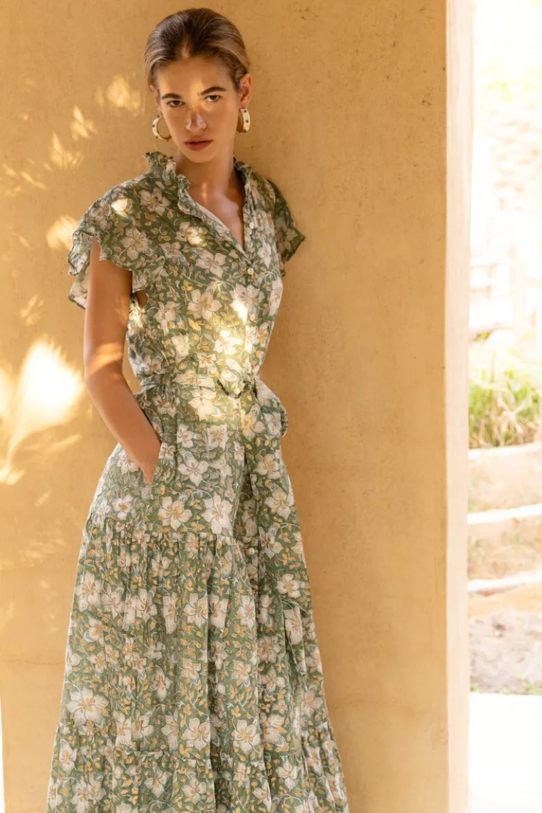 Ruffle Collar Button Maxi- Ivy Olive