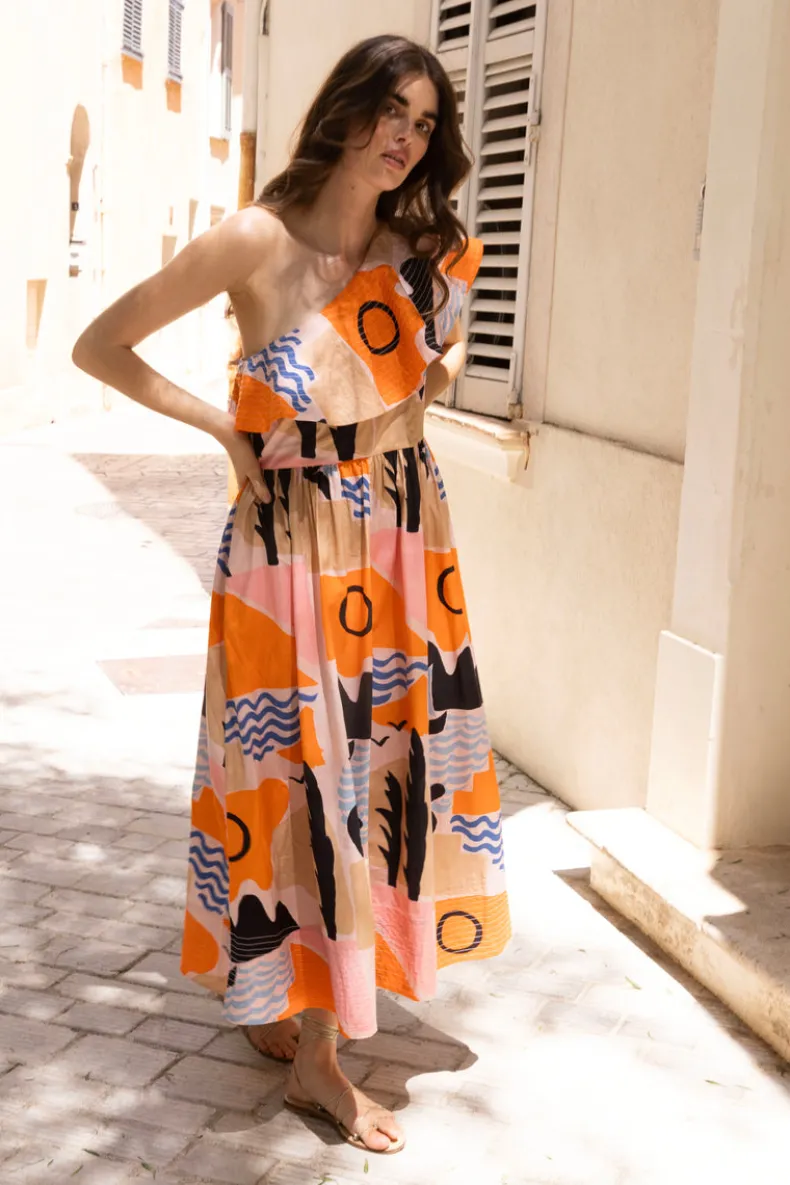 One Shoulder Ruffle Maxi- Riviera Orange