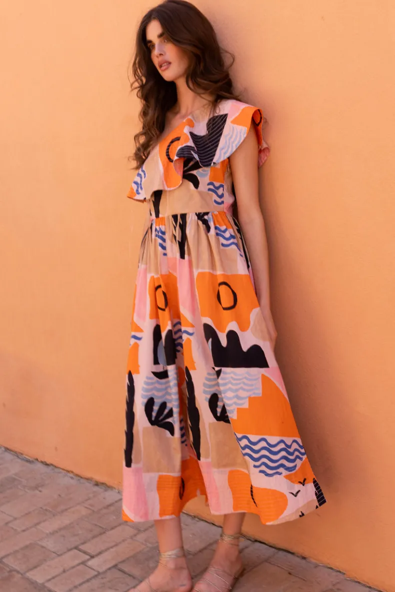 One Shoulder Ruffle Maxi- Riviera Orange