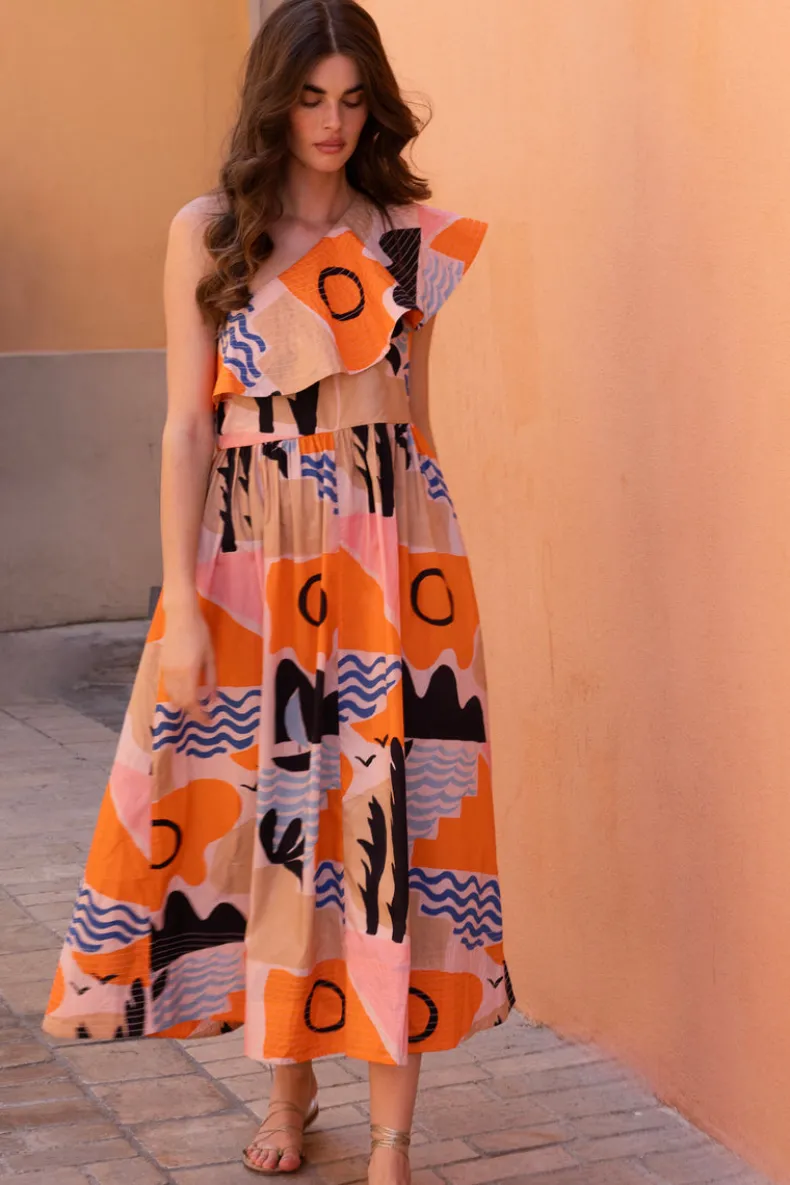 One Shoulder Ruffle Maxi- Riviera Orange