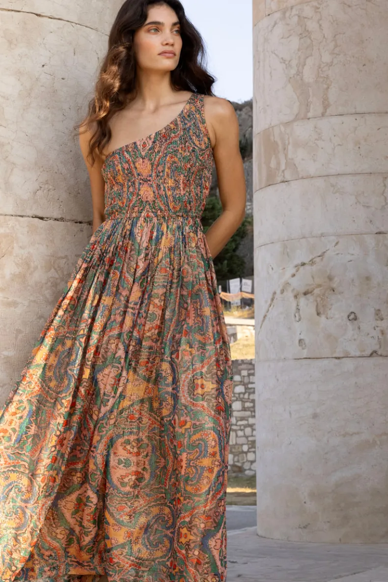 One Shoulder Smocked Maxi- Persia Aqua
