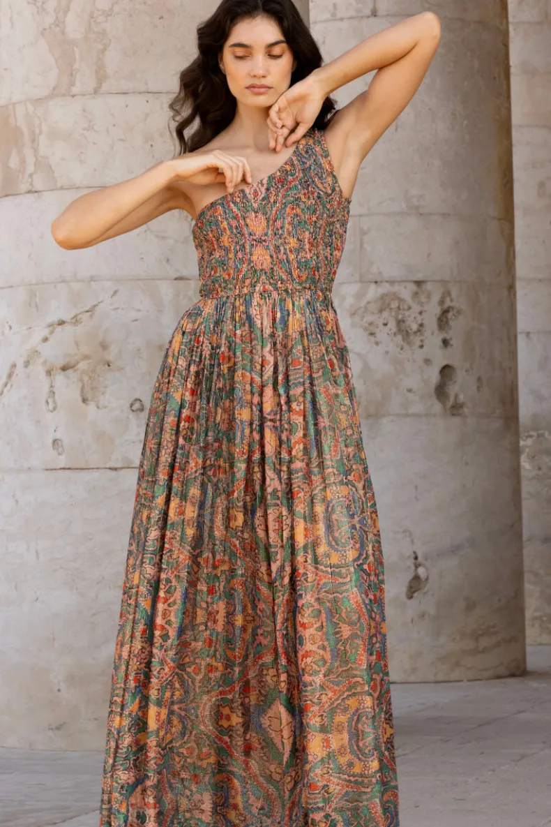 One Shoulder Smocked Maxi- Persia Aqua