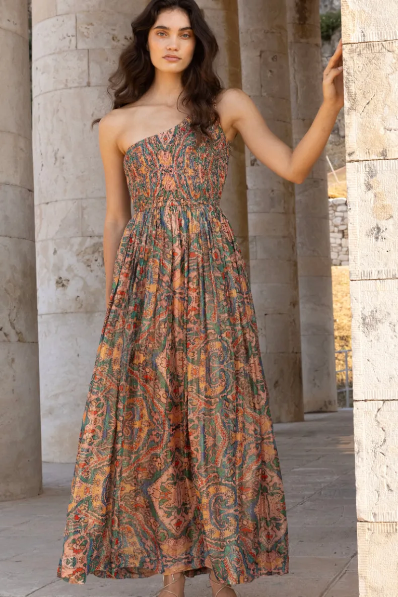 One Shoulder Smocked Maxi- Persia Aqua