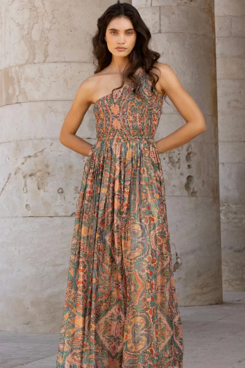One Shoulder Smocked Maxi- Persia Aqua