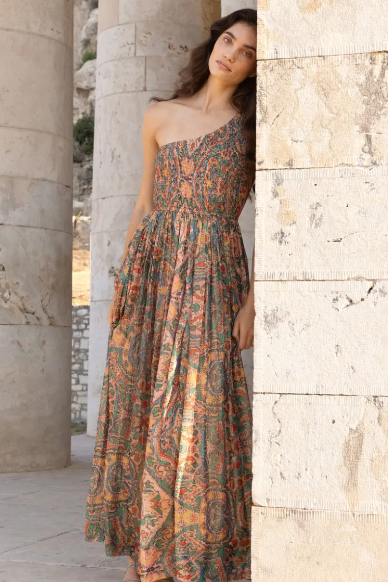 One Shoulder Smocked Maxi- Persia Aqua