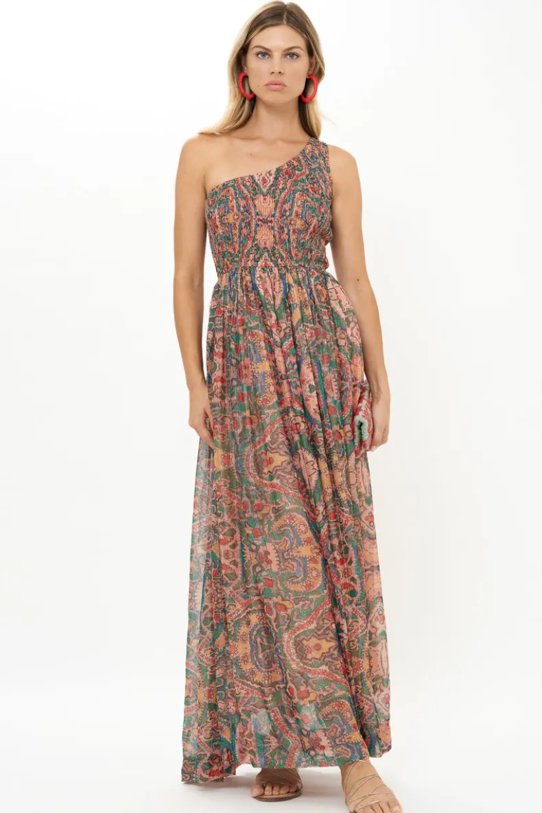 One Shoulder Smocked Maxi- Persia Aqua