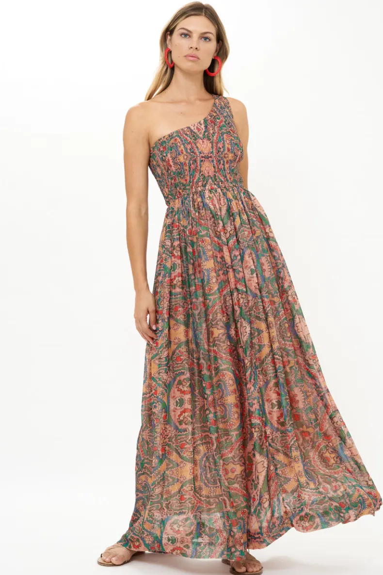 One Shoulder Smocked Maxi- Persia Aqua