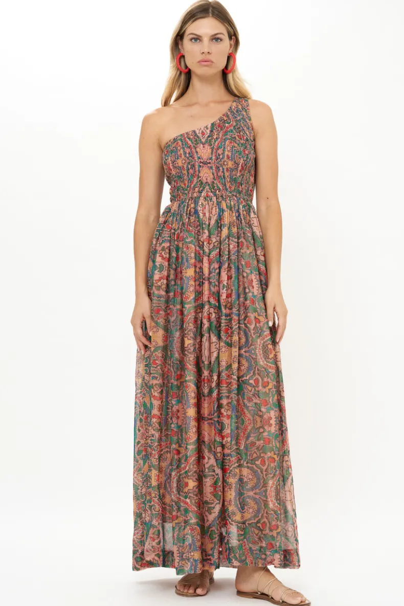 One Shoulder Smocked Maxi- Persia Aqua