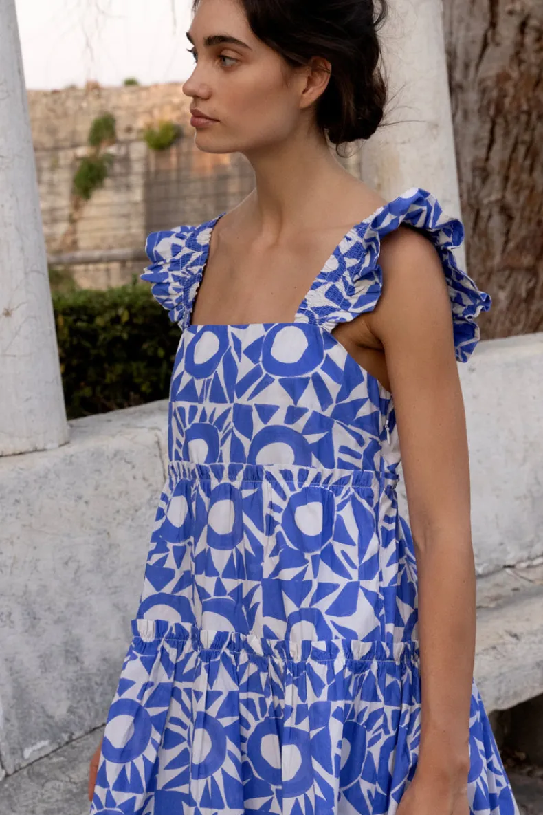 Smocked Square Neck Mini- Eclipse Blue