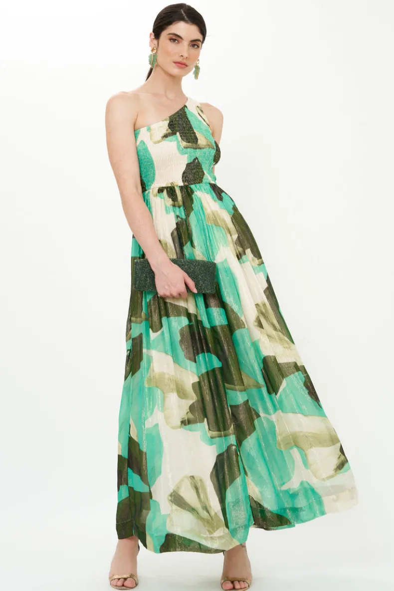 One Shoulder Smocked Maxi- Ginkgo Green