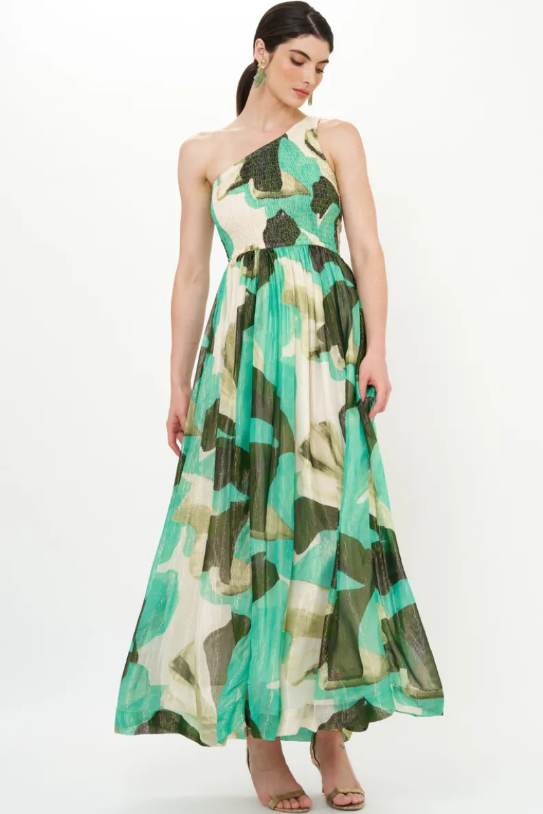 One Shoulder Smocked Maxi- Ginkgo Green