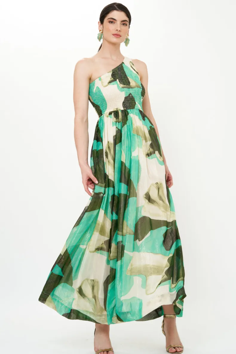 One Shoulder Smocked Maxi- Ginkgo Green